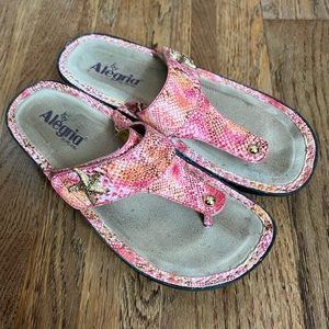 Alegria Pink Snake-Print Toe-Post Sandals